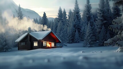 Fototapeta premium A cozy cabin in a snowy forest, with smoke rising from the chimney against a serene mountain backdrop, evoking a peaceful winter scene.