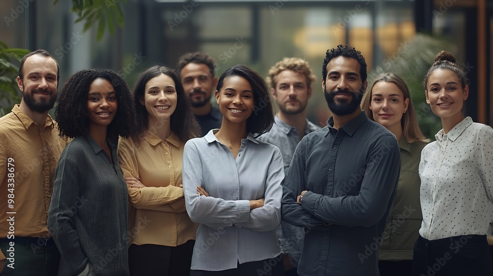 Aufkleber Multicultural group of business people in a modern office standing together and smiling at the camera They represent a successful startup company with a friendly and creative work envi : Generative AI