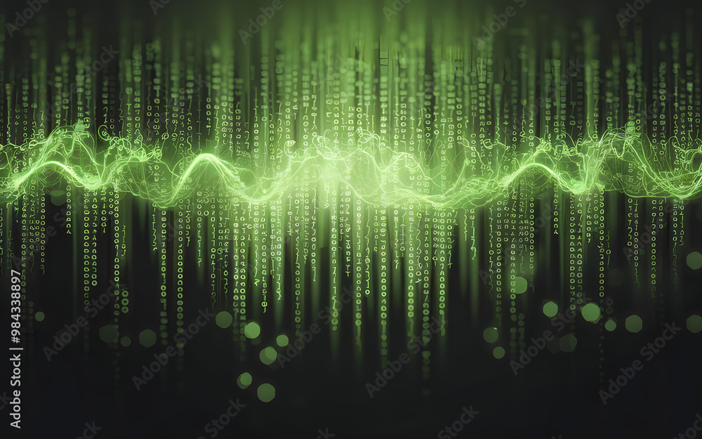 Poster futuristic abstract design featuring a green and blue binary code pattern representing technology, d
