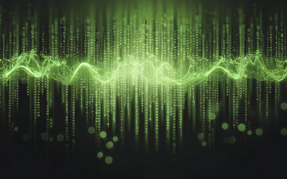 Futuristic abstract design featuring a green and blue binary code pattern representing technology, data, and digital communication