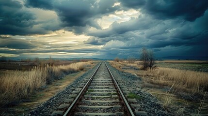 Obraz premium Railroad tracks leading to stormy horizon through golden grass field
