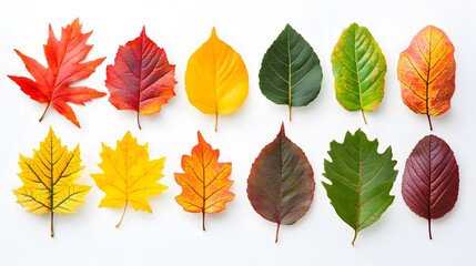 Obraz premium Colorful autumn leaves arranged on a pure white background, showcasing vibrant fall foliage in red, orange, yellow, and green with crisp detailed textures.