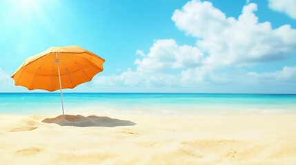 Vibrant Sunny Beach Background Featuring an Umbrella and Sofa for Relaxation