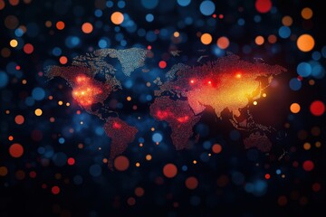 Abstract Glowing World Map with Continents and Borders on Darkened Night Sky Background