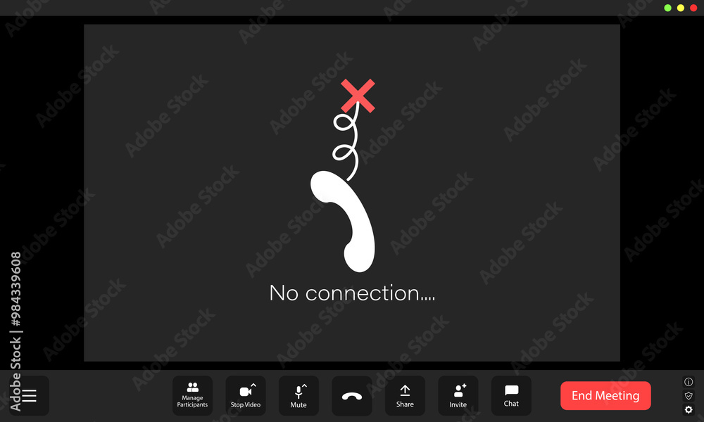 Poster display showing a lost connection with a red cross over a phone icon during an online meeting on a d