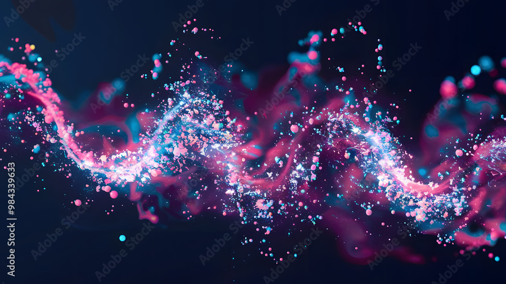 Poster cosmic swirl: abstract art depicting a vibrant, swirling nebula of pink and blue particles, creating