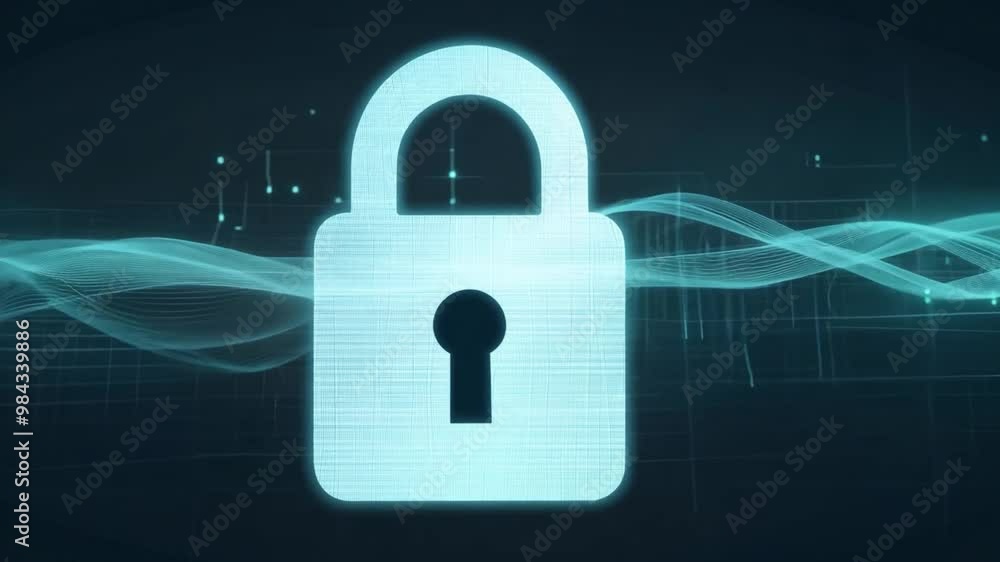 Aufkleber The image features a digital padlock set against a dark background, with flowing abstract patterns illustrating waves of data, highlighting the significance of cybersecurity.