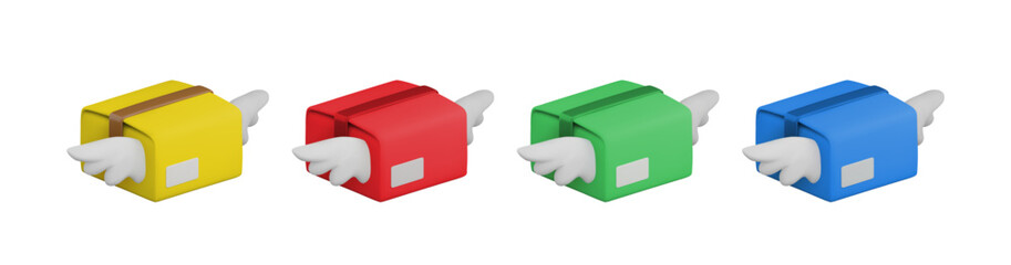 Vector cartoon 3d color parcel set, cute cardboard box with wings. Fast delivery realistic 3d icon, flying red, yellow, green, blue package boxes, air parcel service concept. Express cargo logistics.