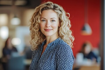 Woman with Curly Hair and Floral Pattern, Office Background