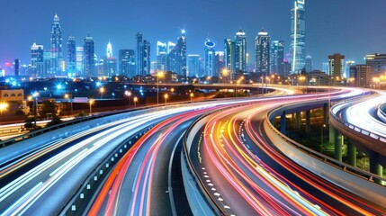 Fototapeta premium Colorful light trails on highway leading to illuminated city skyline at night
