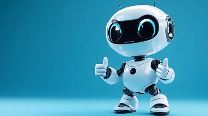 A cute cartoon robot in a 3D render, set against a blue gradient background with a futuristic design and friendly AI assistant appearance, featuring a white and light blue color scheme.
