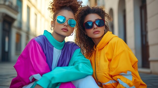 Retro street style 90s inspired fashion Young people friends wearing colorful tracksuits sunglasses shoes and accessories sitting outdoor Concept of 90s fashion youth culture oldstyle  : Generative AI