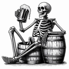 Skeleton  with beer  illustration in old Engraving drawing style