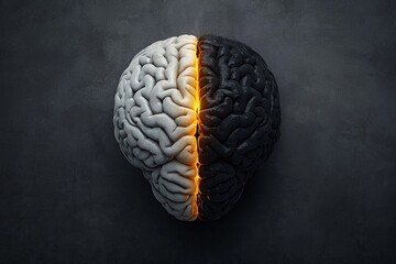 A split brain image, with one side illuminated and full of ideas (positive thoughts) and the other side dark and tangled (negative thoughts)