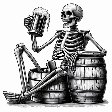 Skeleton  with beer  illustration in old Engraving drawing style