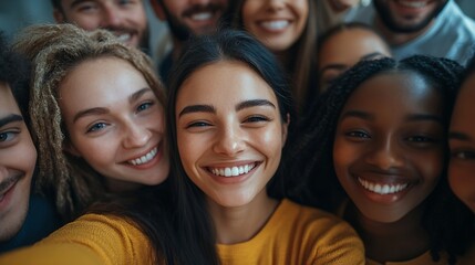 Fototapeta premium Group of business people in selfie together diversity and smile for social media at startup Photography solidarity and happy office team at workshop men and women in profile picture at : Generative AI