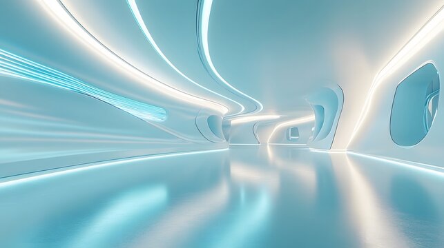 A futuristic hi-tech interior with sleek curved white walls, dynamic LED lighting strips, and reflective floors, creating a sci-fi atmosphere with minimalist design and cool blue tones.