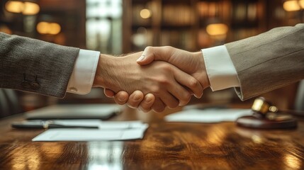 Two lawyers shaking hands after resolving a legal negotiation with documents on the table, legal settlement, successful negotiation, photorealistic