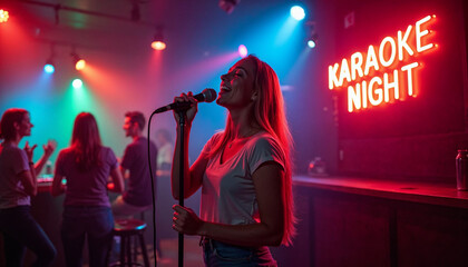 Vibrant karaoke night in a bar with a young woman passionately singing on stage.






