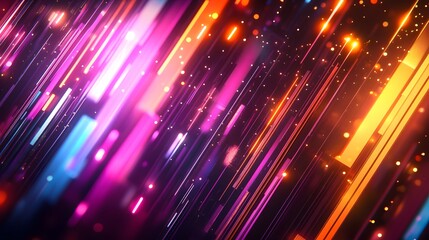 Obraz premium A futuristic tech abstract with neon glowing geometric shapes and vibrant color spectrum, featuring digital circuit board aesthetic with cyberpunk style on a dark background.