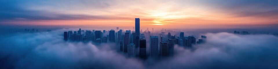 Fototapeta premium Dramatic Skyline of Towering Skyscrapers Emerging from Misty Fog at Sunset in Bustling Urban Metropolis