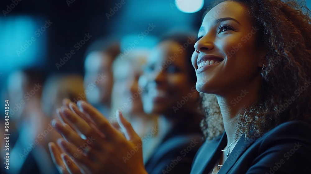 Poster applause diversity and business people at presentation in office for corporate finance seminar or wo
