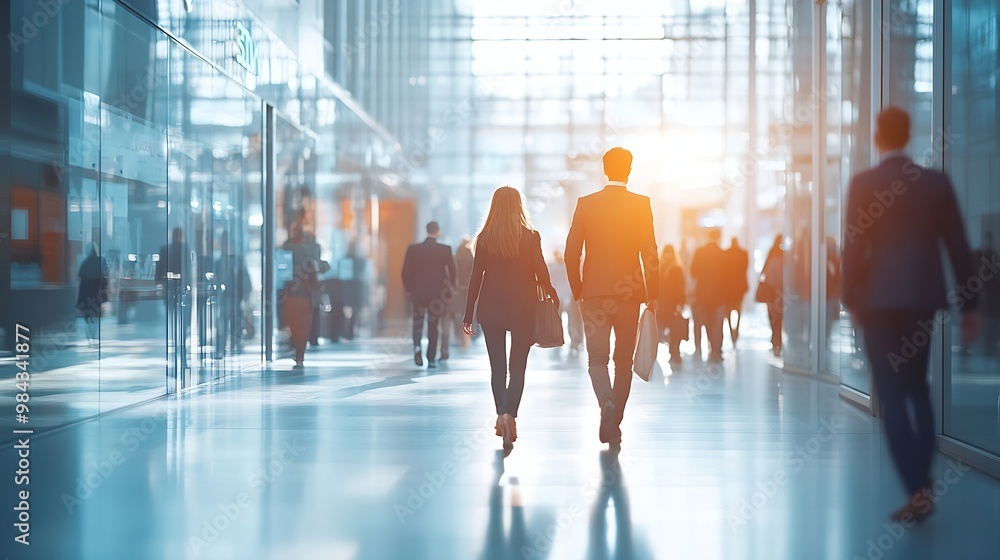 Poster business people walking in the corridor of an business center pronounced motion blur crowded bright 