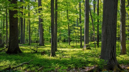 Obraz premium Lush green forest with sunlight filtering through trees peaceful nature woodland scene