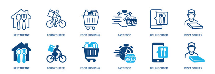 Food delivery line and glyph solid icons collection. Minimal icon and symbol series vector illustration