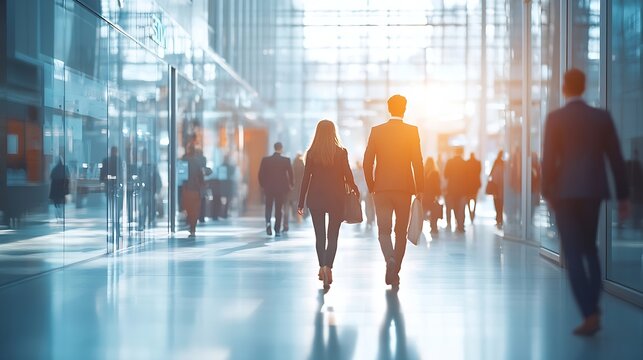 business people walking in the corridor of an business center pronounced motion blur crowded bright modern light office movement defocused office background busy talking and rushing in : Generative AI - Powered by Adobe
