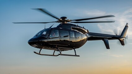 An advanced, high-tech helicopter with modern equipment, all set against a dramatic cityscape at sunset.