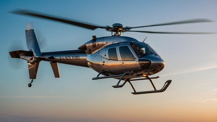 An advanced, high-tech helicopter with modern equipment, all set against a dramatic cityscape at sunset.