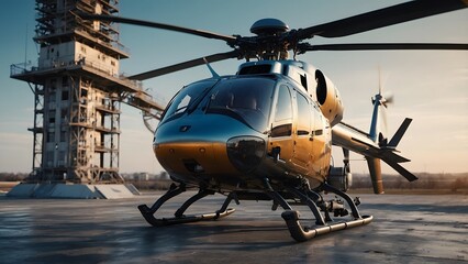 An advanced, high-tech helicopter with modern equipment, all set against a dramatic cityscape at sunset.