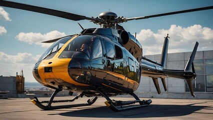 Fototapeta premium An advanced, high-tech helicopter with modern equipment, all set against a dramatic cityscape at sunset.