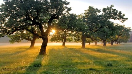 sunbeams through oak trees in misty meadow golden morning light nature landscape