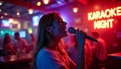 Vibrant karaoke night in a bar with a young woman passionately singing on stage.






