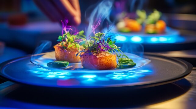 Innovative food presentation with dynamic lighting, futuristic plating techniques, and visually striking, tech-inspired elements designed to impress and captivate