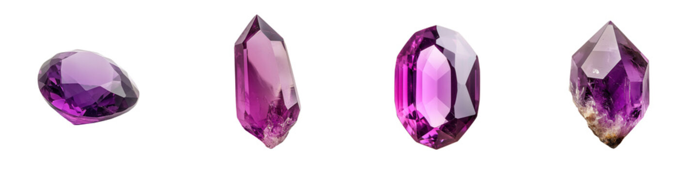 Set of four purple gemstones on a white isolated background. transparent background