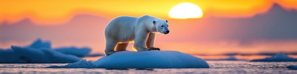 Fototapeta premium Lone Polar Bear Standing on Iceberg during Dramatic Sunset in Arctic Wilderness