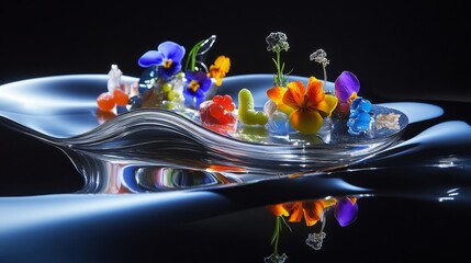 Elegant and futuristic food presentation with sophisticated plating, advanced technology, and artistic design to create a visually stunning culinary display