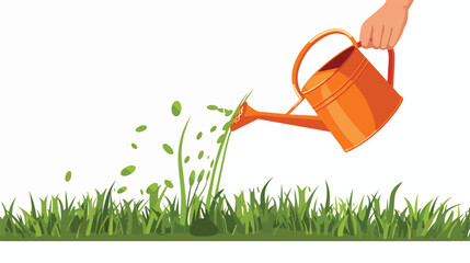 Human Hand Watering Green Plants with Orange Watering Pot