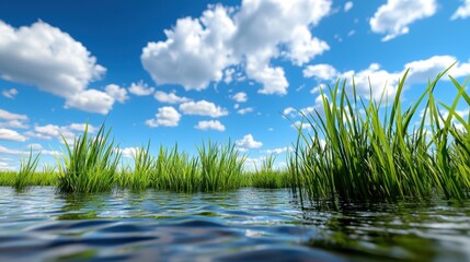 Obraz premium Lush Grass Reflections on Calm Water Surface