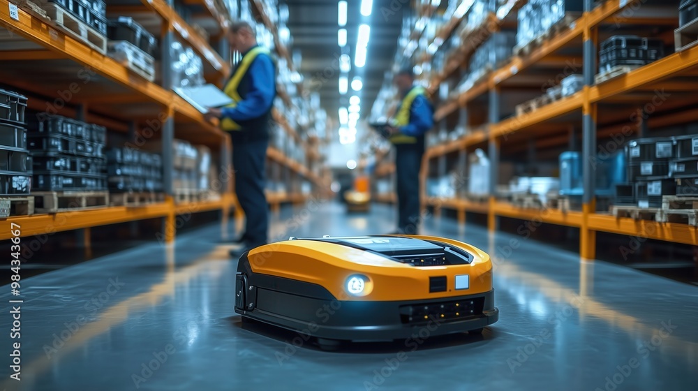 Poster warehouse robot operating in modern distribution center