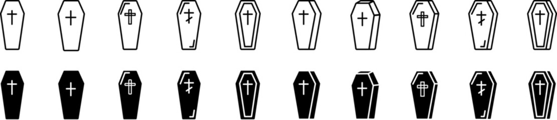 Coffin icons. Black wooden coffin icon set. Vector illustration