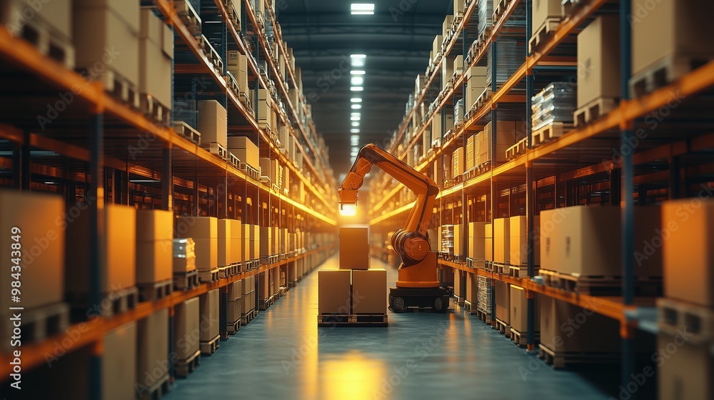 Poster automated robot in modern warehouse with cardboard boxes