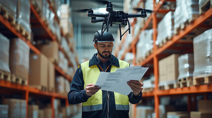 Worker Using Drone in Warehouse for Document Inspection