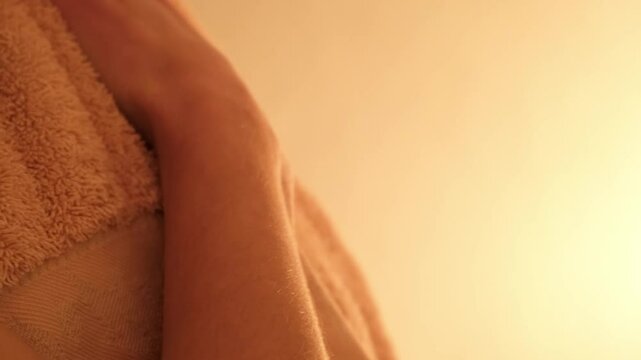 A woman drying her breast with a terry towel after a shower or bath close-up. Copy space. Skin care. Side view. Sensitive enjoyment. Hygiene concept. Hygienic procedure. Soft light. 4K footage