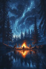 A group of people gather around a campfire in the forest at night, under a vibrant aurora borealis.