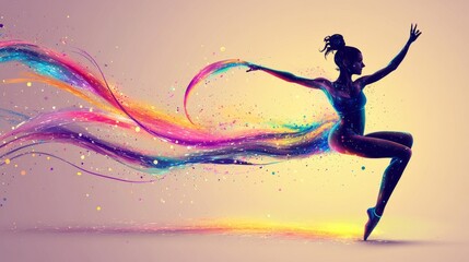 Naklejka premium Elegant gymnast with a ribbon, fluid motion and vibrant colors, vector art