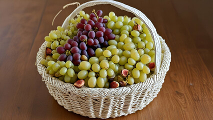 White and black grapes, figs in a white raffia basket wooden table gray background,